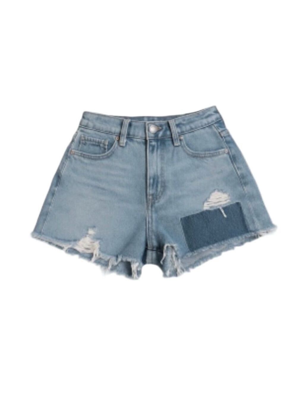 AG Contour 360 Alexxis high rise wedge 25 Distressed Denim Shorts with Fringe
